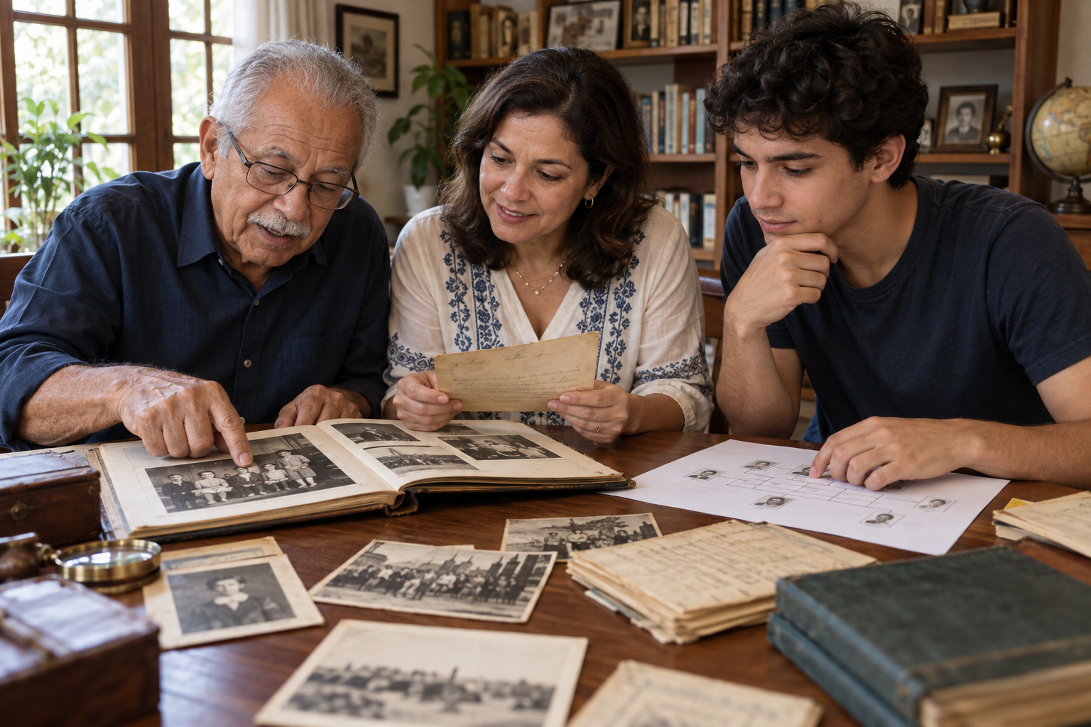 Imagem ilustrativa de três gerações pesquisando a história familiar com fotografias, documentos antigos e uma árvore genealógica.