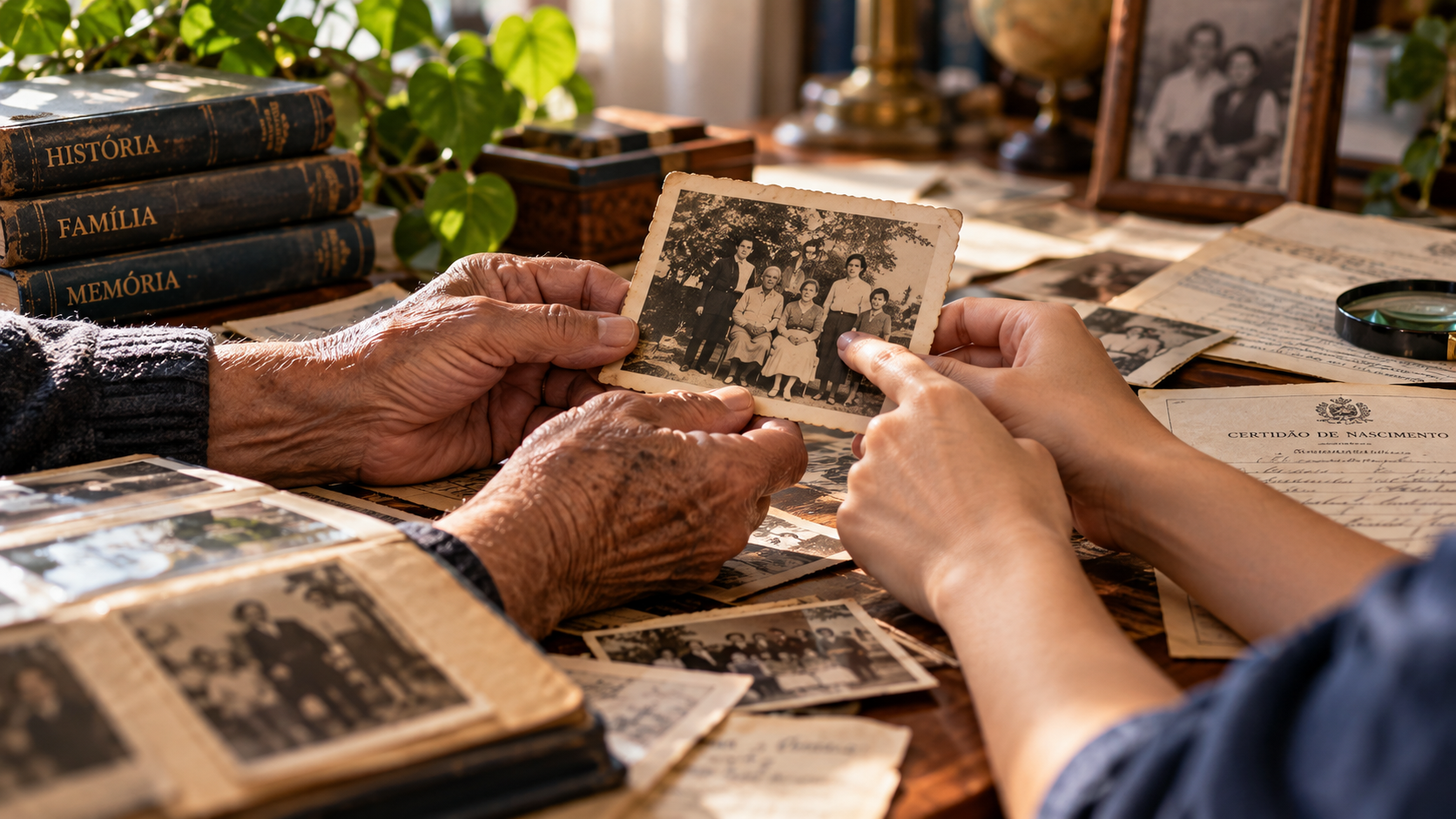 Mãos de duas gerações segurando uma fotografia antiga de família, entre álbuns e documentos.