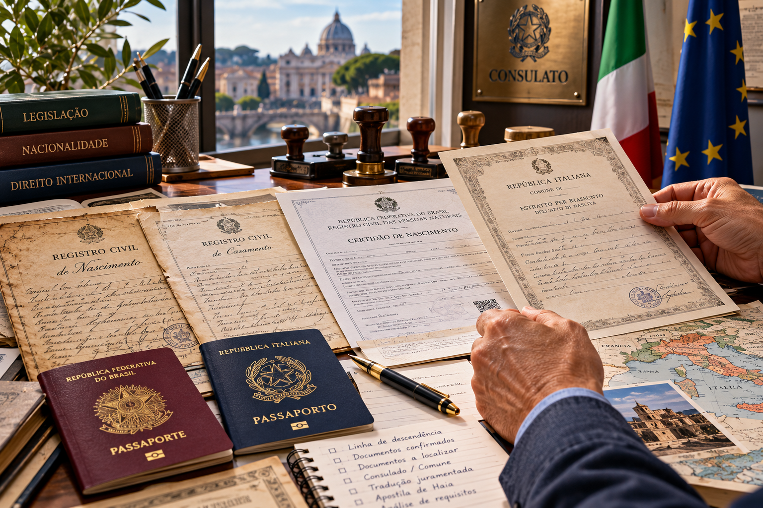 Análise documental sobre uma mesa com registros civis de diferentes gerações, passaportes e elementos consulares.
