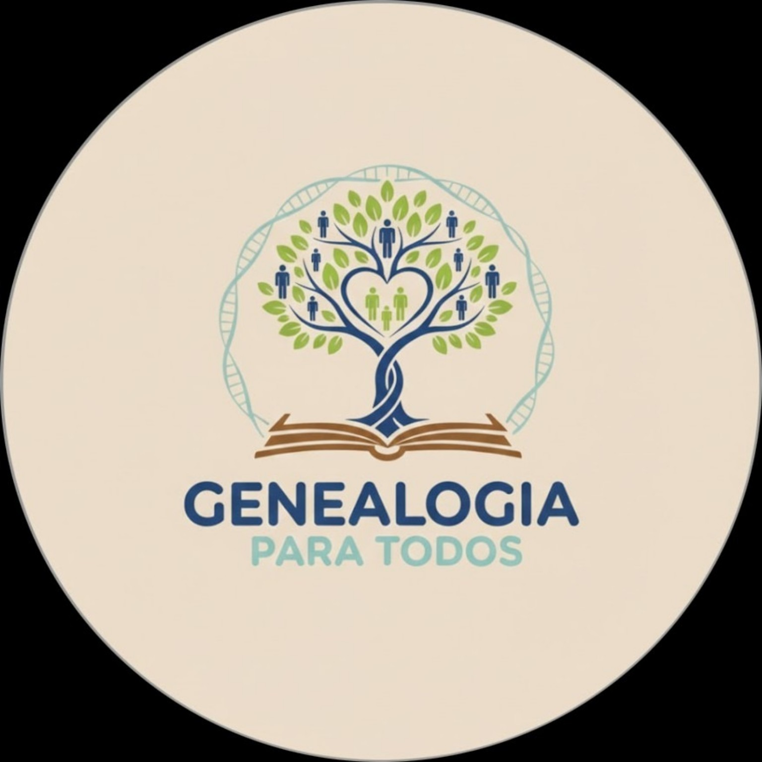 Logomarca oficial Genealogia Para Todos: árvore com figuras humanas, coração, livro e referência ao DNA